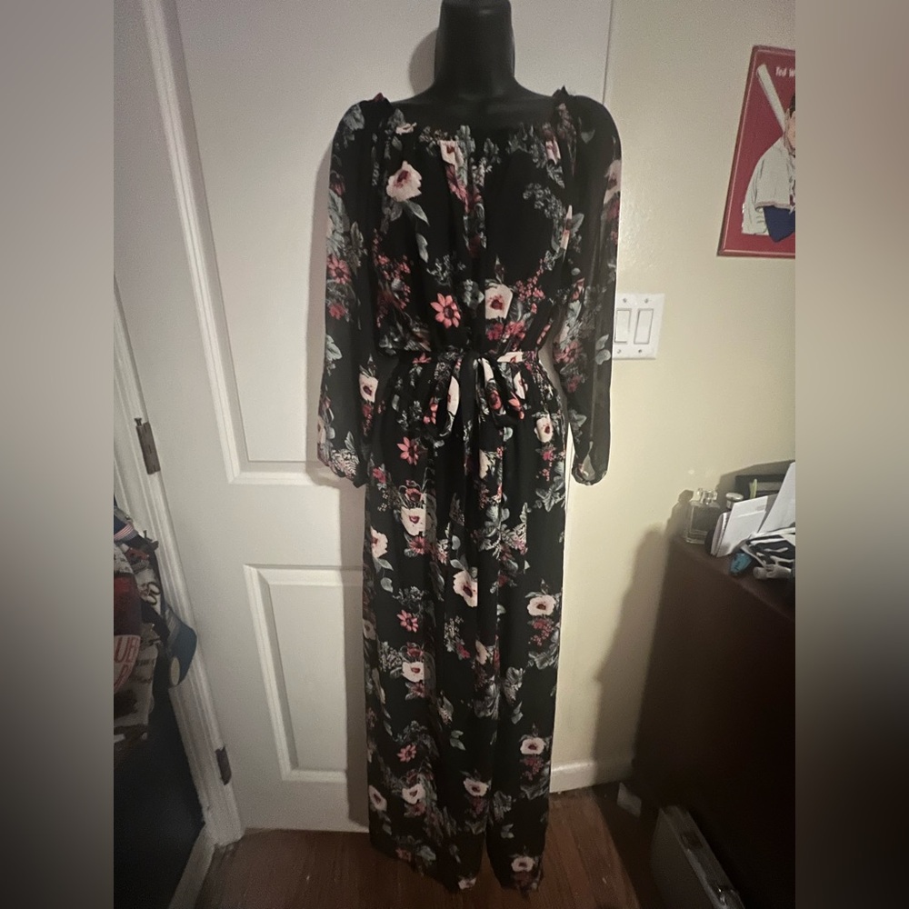 Jones Studio Black Dress with Red and White Floral Design